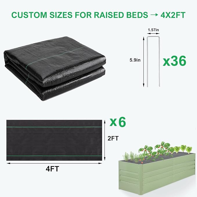 4x2ft Weed Barrier Fabric 6Pcs - Landscape Garden Bed Liner for Raised Beds | 3.2oz Heavy Duty Woven Geotextile Fabric | Planters Box Gardening Weed Control Mat with 36 Staple