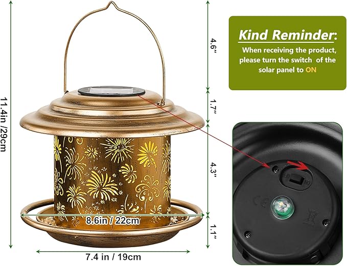 Solar Bird Feeders for Outdoors, Weatherproof Metal Bird Feeder, Outside Hanging Birdfeeder Lantern with Flowers Pattern for Courtyard Garden Decoration