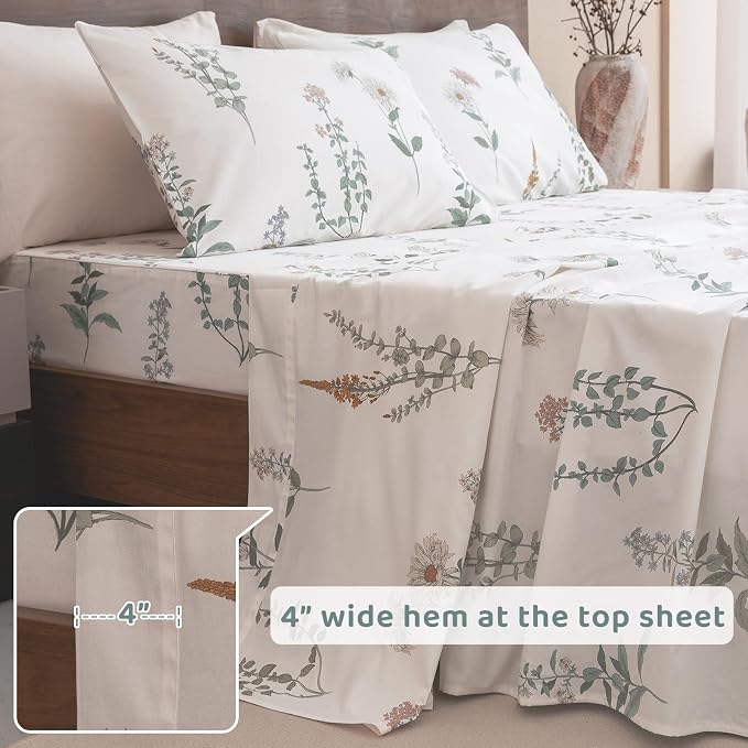 QSH Floral Queen Size Sheet Sets - 100% Egyptian Cotton Sheets Elegant Flower Pattern Printed Bedding Sheets Queen Size Bed Extra Soft and Breathable 4pcs Deep Pockets Bed Sheets