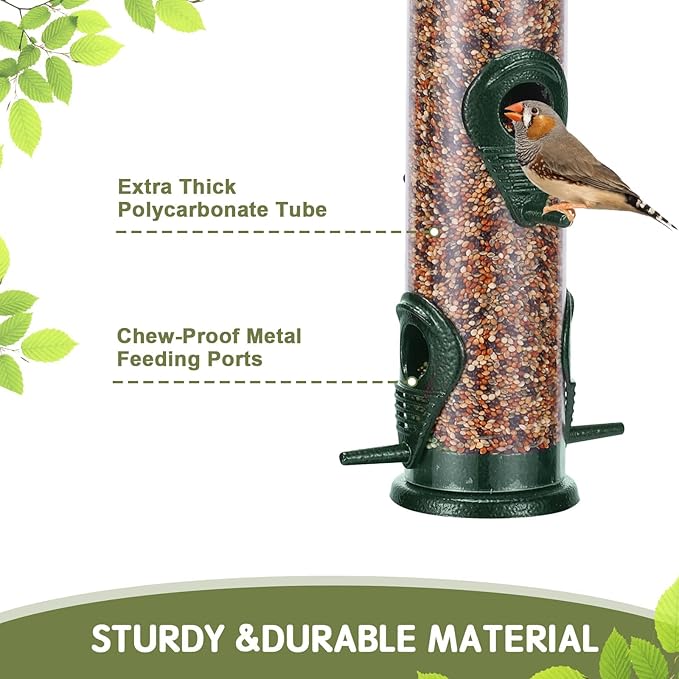 Metal Bird Feeder Tube Hanging Wild Bird Seed Feeder Aluminum Six Port Bird Feeders,1.4 mm Extra Thick Solid Tube Transparent with Steel Hanger Great for Attracting Birds (Green 2PK)