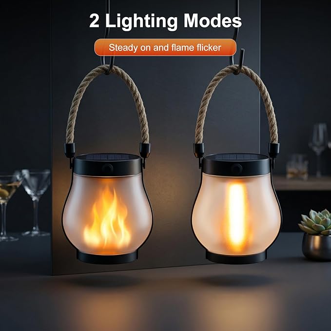 Solar Lanterns Outdoor Waterproof 8 Pack, Outdoor Solar Lanterns with Flickering Flame Effect, USB-C & Solar Charging, Auto Dusk to Dawn, Hanging Light for Garden Patio Yard