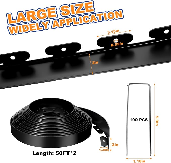2 Inch x 100 FT (Multiple Sizes Available) Landscape Edging, Garden Edging Borders with 100pcs Upgrade Stakes, Flexible No Dig Plastic Garden Border for Lawn, Landscaping, Flower Beds, tree and Yard