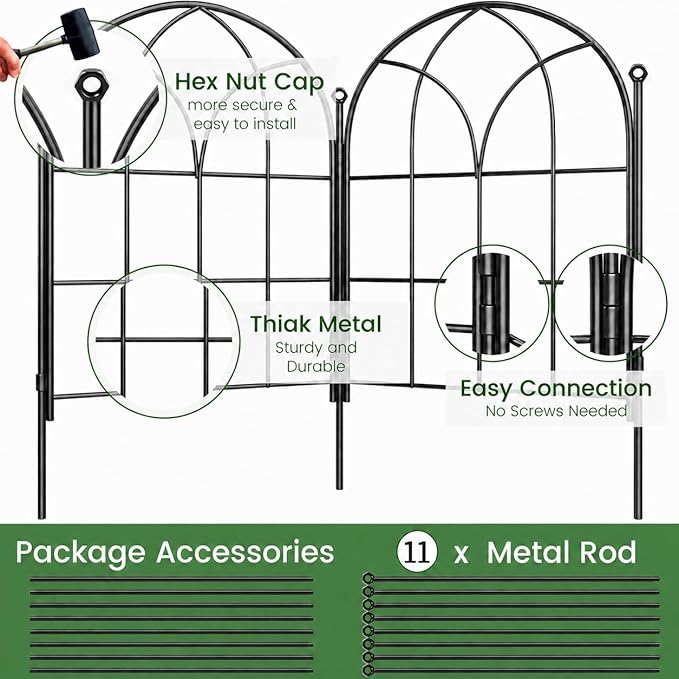 Decorative Garden Fence, 10 Panels, 16.5 in H x 10.5 ft L, No Dig Metal Border Edging for Flower Beds, Yard and Patio, Black Outdoor Barrier for Rabbits and Small Dogs