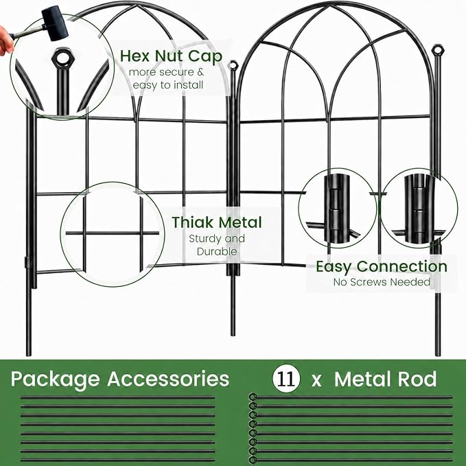Decorative Garden Fence, Large 10 Panels 31.9 in H x 24.1 ft L, No Dig Metal Animal Barrier with Stakes for Dogs Rabbits, Flower Beds Yard Patio, Black