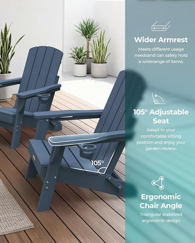 Folding Adirondack Chair 1 Pack, HDPE All-Weather Fire Pit Chairs, Plastic Adirondack Chairs with 2 Cup Holder, Outdoor Lawn Chair for Patio Garden (New Blue)