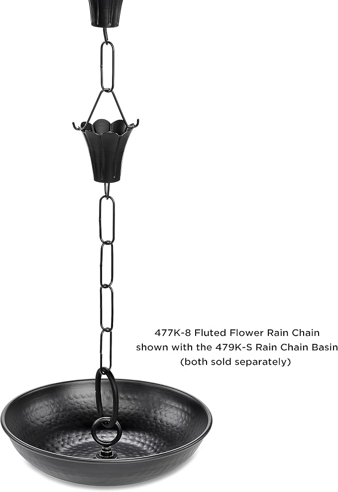 Fluted Flower Black Aluminum 8.5 ft. Rain Chain with Gutter Installation Clip by Good Directions
