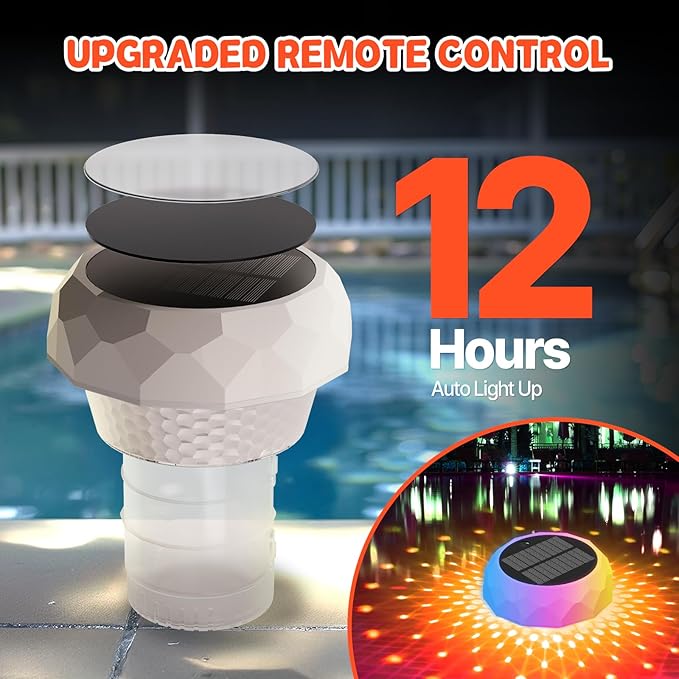 2 in 1 Floating Pool Lights Solar Powered with Chlorine Floater, Pool Lights that Float with Remote Control, 8 Lighting, Timing Mode, IPX68 Waterproof for Inground Pool, Pool Party
