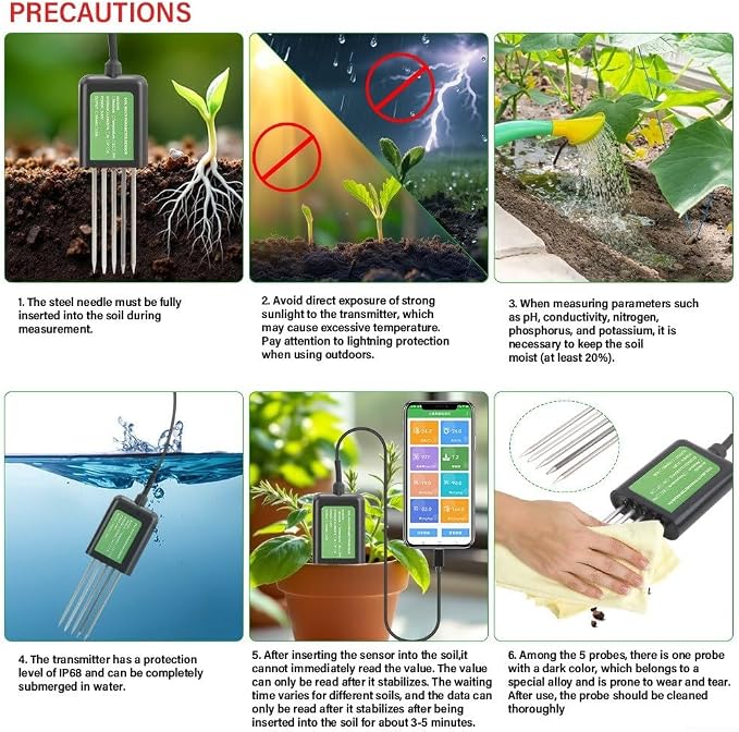USB Soil Sensor 7-in-1 Tester For Moisture, Soil Analysis Tool, Temperature, PH & NPK Nutrients - IP68 Digital Meter For Agriculture, Gardening & Research Farming, Floriculture