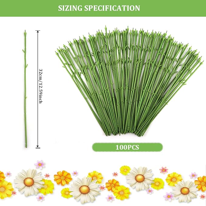 YOLUFER 100Pcs Floral Wire Stems Plastic Artificial Flower for Craft Floral Green Stem Wire DIY Craft Bouquet Making Floral Arrangement Tools