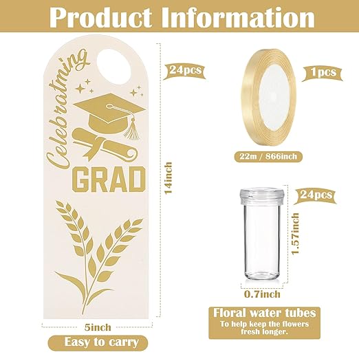 Eaasty 24 Set Graduation Day Themed Single Sunflower Card Sleeve Grad Gift Packaging Flower Holder with Floral Water Tubes Ribbon Floral Tissue Paper for Flower Packing