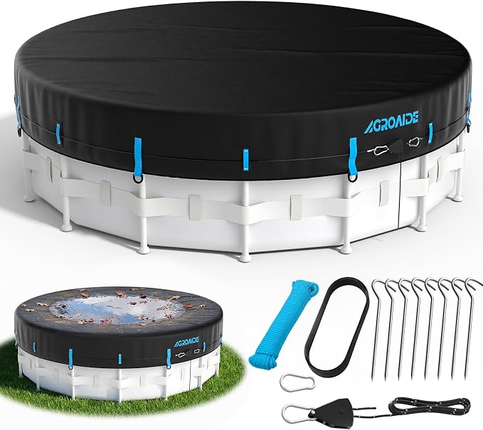 24ft Round Pool Cover Above Ground, Upgraded Seamless Side Design, 3-in-1 Super Windproof System with Fast Ratchet Tie Downs, 420D Oxford Fabric - All Season Use, Tear Resistant