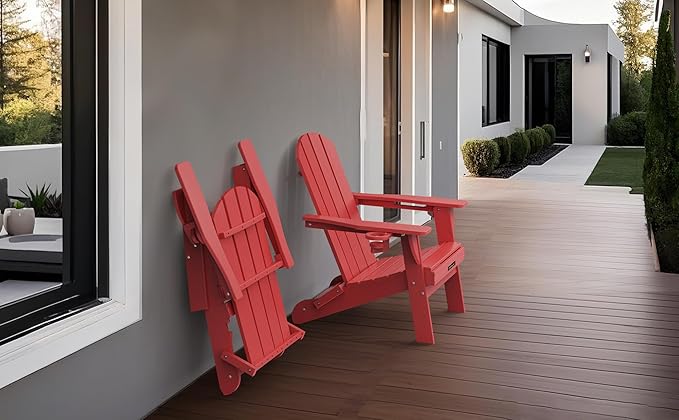 Folding Adirondack Chair Set of 4, Wooden Textured Plastic Adirondack Chairs with 2 Cup Holder, Weather Resistant HDPE Fire Pit Chair, Outdoor Patio Chairs for Garden, Backyard, Lawn, Deck, Red