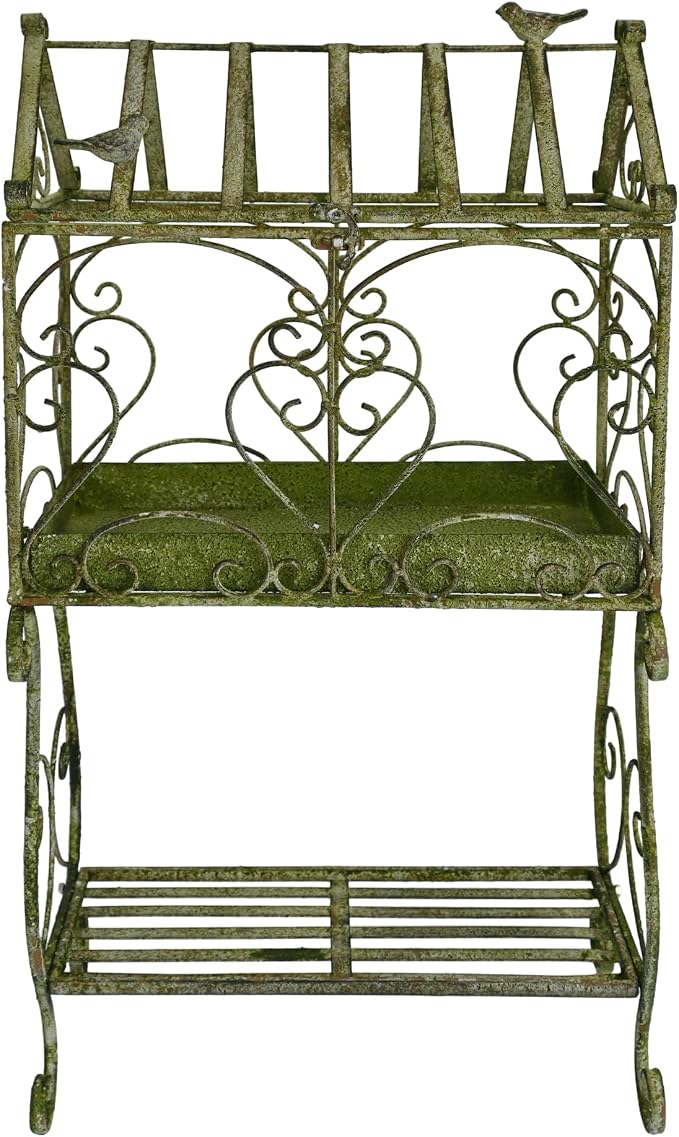 Vintage 2-Tier Metal Plant Stand House Shape Planter, 24"H Distressed Green Plant Holder Decorative Planter Shelf for Ferns, Succulents, Air Plants, Small Potted Plants, Farmhouse Indoor Home Decor