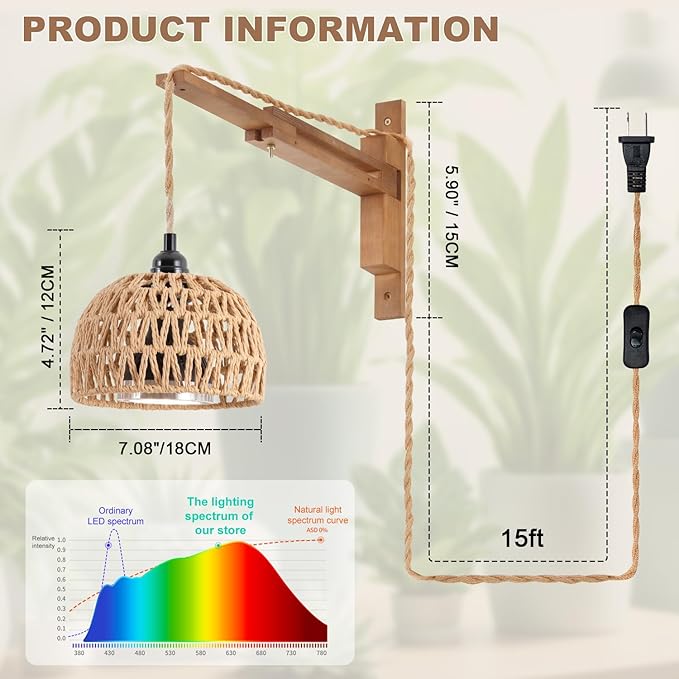 30W 4000K Indoor Plant wall Mounted Growth Light, Bohemian Style wall Mounted Plant Light with Timer, Equipped with a 14 Foot Power Cord, Suitable for Indoor Plant Cultivation and Floral Display