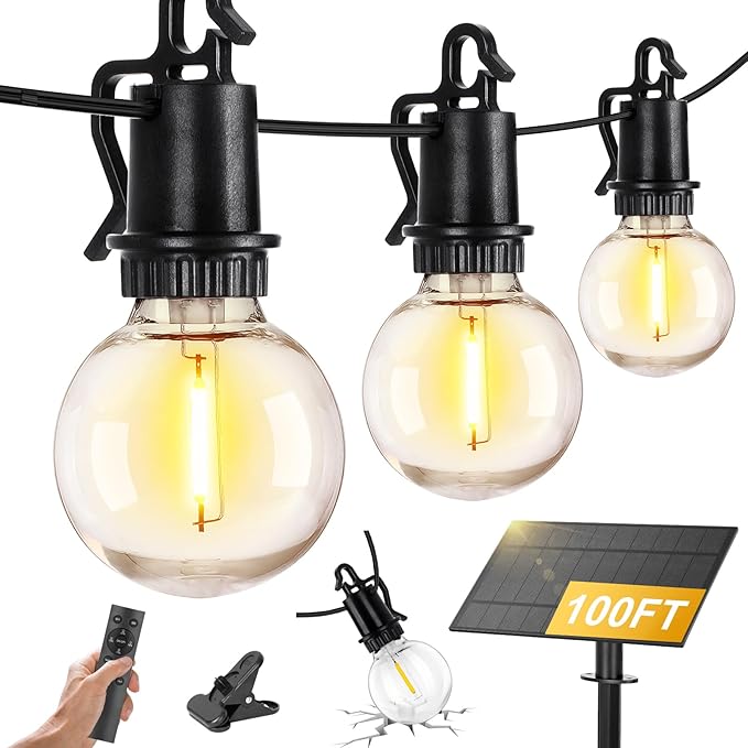 ZJOJO 100FT Solar Lights Outdoor Wateroproof, Solar String Lights with with Remote USB Port 32 LED Shatterproof,Dimmable Outdoor Lights Long Last for Garden,Patio, Backyard, Camping Christmas Light