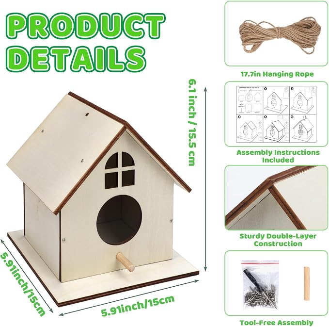 12 Pack Wooden DIY Birdhouse Kit for Kids Adults, Thickened Double-Layer Wood with Screwdrivers, Nails, Ropes, Easy Build & Paint Arts and Crafts Set for Backyard Garden Bird Watching