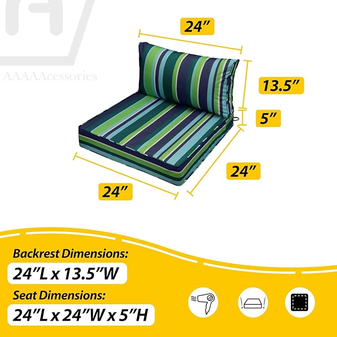 AAAAAcessories Outdoor Seat Cushions for Chairs, Fade-Resistant, Waterproof Patio Furniture Replacement Cushions, 24" x 24" x 5" + 24" x 13.5", Stormy Teal Coastal Stripe