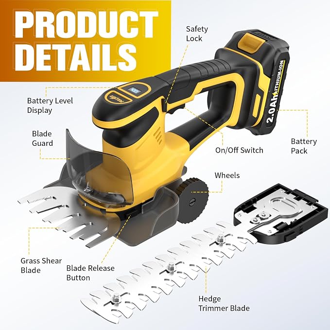 FULLYEA Cordless Hedge Trimmer, 2-in-1 Electric Shrub Trimmer & Grass Shear, Lightweight Bush Trimmer with 2 Blades & 2*2.0Ah Batteries, Handheld Grass Trimmer, Battery Powered Hedge Cutter (Yellow)