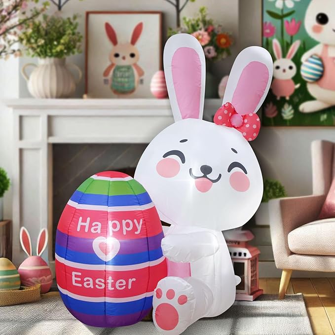 Easter Inflatables White Bunny Rabbit Hold Colorful Egg Lighted Easter Blow Up Decoration Yard Garden Lawn Outdoor Decoration Front Door Holiday Decor