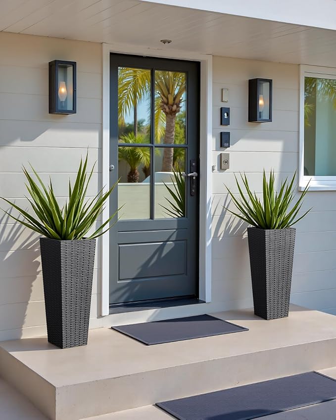 24 Inch Tall Plastic Planters (Set of 2), Detachable Inner Pot & Drainage Holes, Outdoor Decorative Flower Pots for Large Plants, Trees, Patio, and Garden, Black