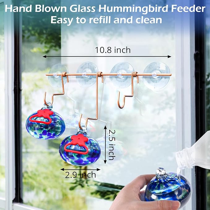 Pozfun Window Hummingbird Feeder with Suction Cups,Hand-Blown Glass Hummingbird Feeders for Outdoors Window Mounted with Metal Hook,Close Bird Watching,Finch in Garden,Yard(Dotted Blue)