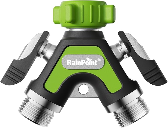 RAINPOINT Garden Hose Splitter 2 Way, All Metal Heavy Duty Water Hose Y Splitter With 2.05" Extra Long Side Handle & Shut Off Valves, 3/4 Inch GHT Thread Connector For Outdoor Spigot Faucet (Green)
