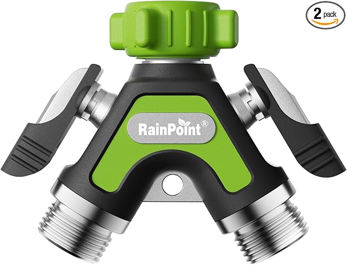 RAINPOINT Garden Hose Splitter 2 Way, All Metal Heavy Duty Water Hose Y Splitter With 2.05" Extra Long Side Handle & Shut Off Valves, 3/4 Inch GHT Thread Connector For Outdoor Spigot Faucet (Green,2)