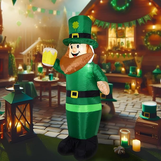 3.25FT St. Patrick's Day Inflatable Leprechaun, Blow up Leprechaun Holds Beer Cup Outdoor Decoration with LED Lights, Perfect for Yard Garden Lawn Front Door Holiday Decor (3.25FT Leprechaun)