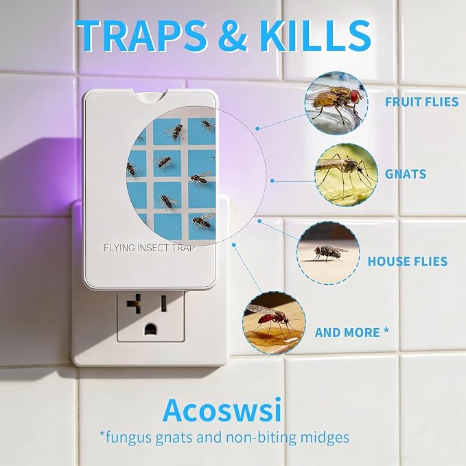 Indoor Fly Trap Plug in, Flying Insect Trap with Blue UV Light, Fruit Fly & Gnat Trap for Indoors, Mess-Free Bug Catcher for Home, 2 Device + 10Refill Glue Cards