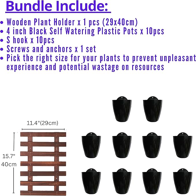 ShopLaLa Bundle - 4 Inch Black Self Watering Pots x 10 Pack+ Wooden Plant Holder, Indoor Vertical Wall Garden, Living Plant Wall Herb Garden Vertical System, Wall Mount Hydroponic Wall Pots