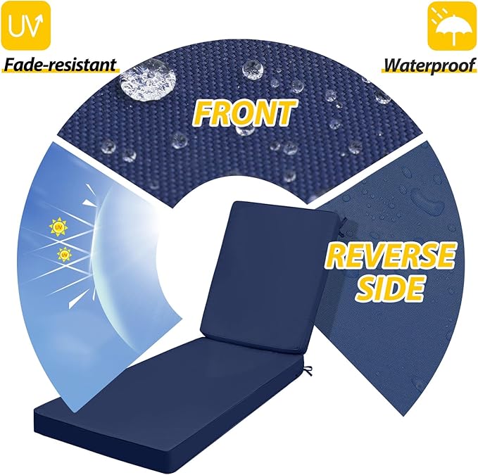 AAAAAcessories Outdoor Chaise Lounge Cushions, Waterproof Patio Furniture Replacement Cushions, Fade-Resistant, 80" x 26" x 3", Set of 2, Navy Blue