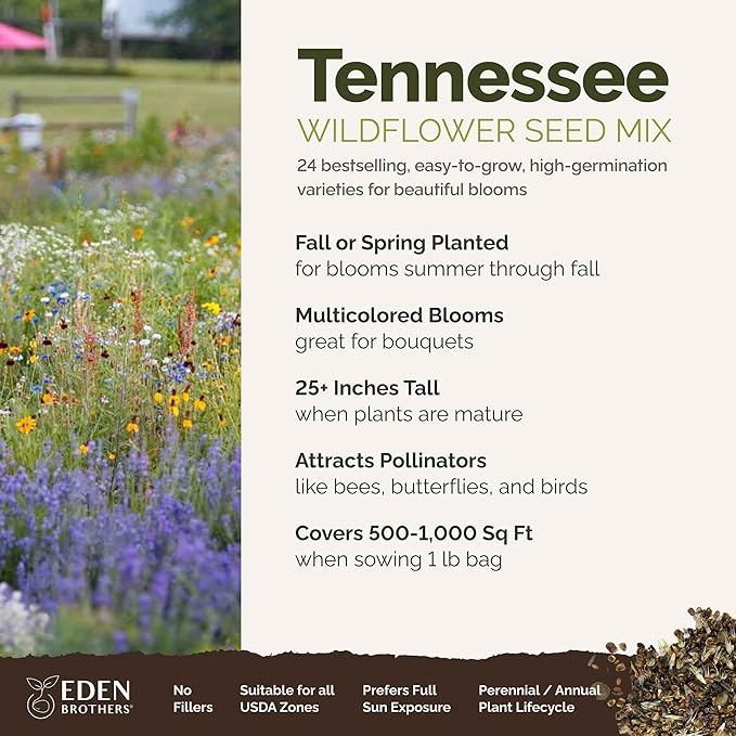 Eden Brothers Tennessee Wildflower Mixed Seeds for Planting, 1 lb, 480,000+ Seeds with Cosmos, Black Eyed Susan | Attracts Pollinators, Plant in Spring or Fall, Zones