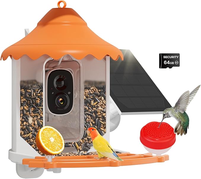 Hiseeu 3MP Feeder with Camera, 2.5L, AI Identify 11000+ Species, Solar Powered, Auto Capture Bird Videos & Motion Detection, Smart Bird Watching Camera Wireless Outdoor (Orange-64G)