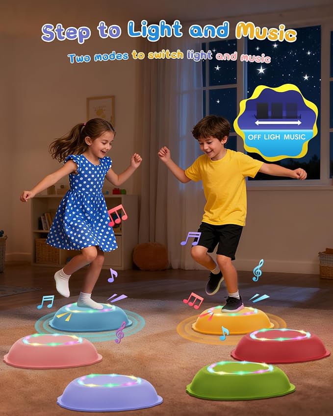 Rechargeable Stepping Stones for Kids, 6pcs Non-Slip Toddler Stepping Stones with Light&Music, Sensory Toys for Indoor and Outdoor Play, Gifts BalanceToys for Toddlers/Kids 3-5 Years Old