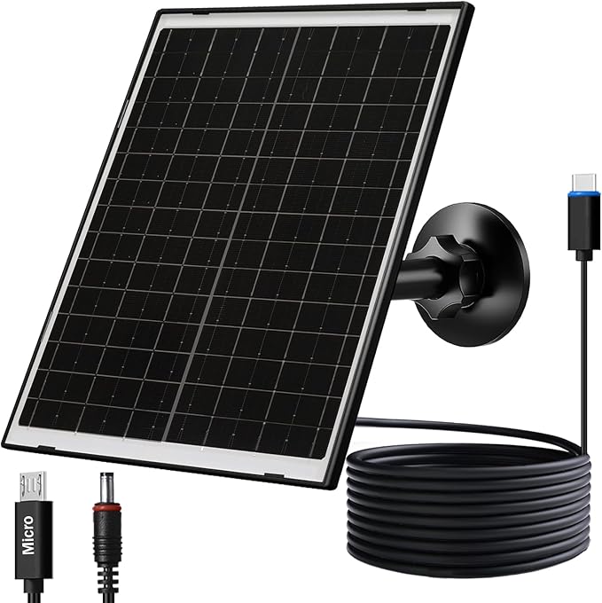 Zivif 10W USB-C Solar Charger with Glass Panel, USB Solar Panel for Security Cameras, with DC 5.5x2.1mm & Micro USB Port, IP66 Waterproof with Adjustable Mount & 7.2FT Cable