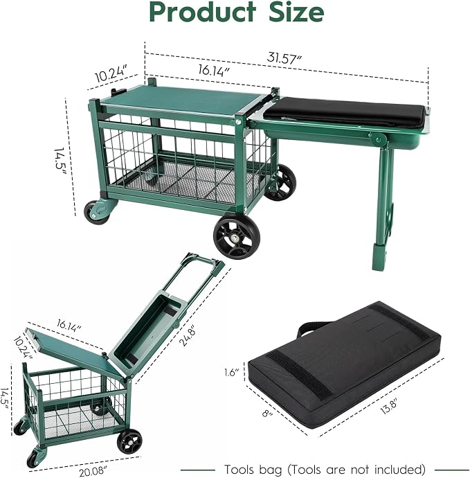 Rolling Garden Cart with Seat, Metal Garden Work Seat with 360° Swivel Wheels, Storage Basket, Workbench, and Tool Bag, Upgraded Heavy Duty Gardening Wagon and Stool for Seniors