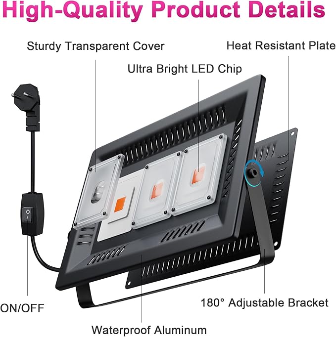 Waterproof Plant Light, 450W Outdoor Grow Lights, Full Spectrum LED Grow Light, Height Adjustable, Silent, Heat Dissipation, for Indoor Outdoor Plant Seedling Growing Blooming Fruiting