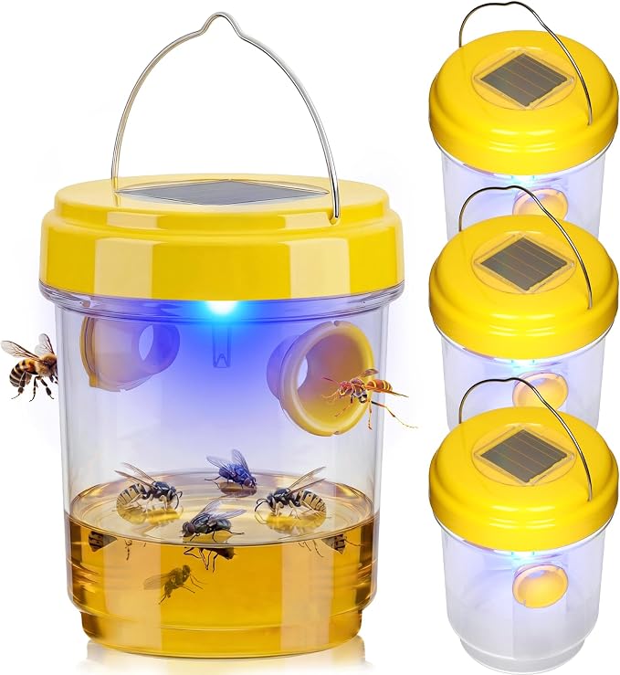 Wasp Trap Solar Powered 4 Packs, 2026 Upgrade Yellow Jacket Trap, Bee Traps Outdoor Hanging, Carpenter Bee Traps for Outside, Flying Insect Trap Reusable Hornet Catcher with LED Light