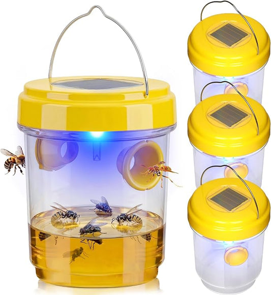 Wasp Trap Solar Powered 4 Packs, 2026 Upgrade Yellow Jacket Trap, Bee Traps Outdoor Hanging, Carpenter Bee Traps for Outside, Flying Insect Trap Reusable Hornet Catcher with LED Light