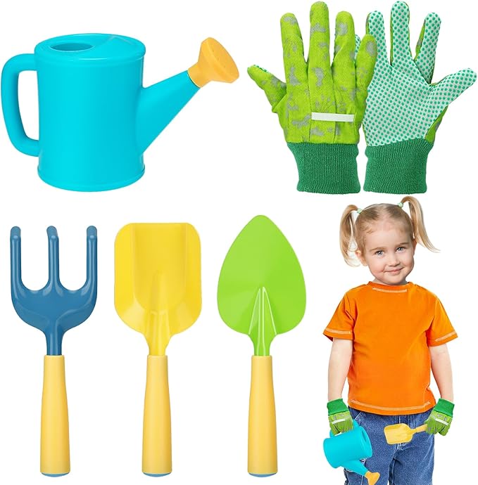 Biubee Kids Gardening Tools Set - Sturdy Kids Watering Can Toy Toddler Children's Gardening Kit Set with Metal Shovel Hand Rake Gloves for Girls Boys Birthday Gift Outdoor Beach Sand, Cyan