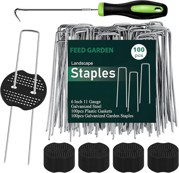 FEED GARDEN Landscape Staples 6 Inch 100 Pack Kit, Heavy Duty 11 Gauge Hot-Dip Galvanized Garden Stakes with 100 Gaskets & 1 Pick Hook for Weed Barrier, Landscape Fabric, Sod, Turf & Garden Edging