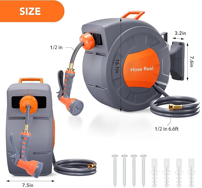 GAOMON Retractable Garden Hose Reel - 1/2 in x 72 ft, Wall Mounted, 9-Function Sprayer, Any Length Lock, 180° Swivel, Automatic Slow Rewind