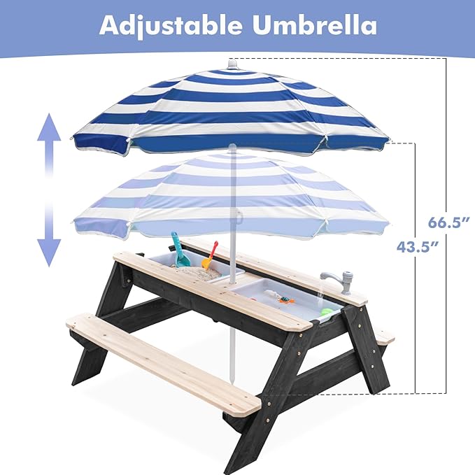 Kids 3-in-1 Sand & Water Table, Wood Outdoor Convertible Picnic Table w/Umbrella, 2 Trays, Removable Top with Faucet, Picnic Table for Outdoor Playset (Black/Navy)