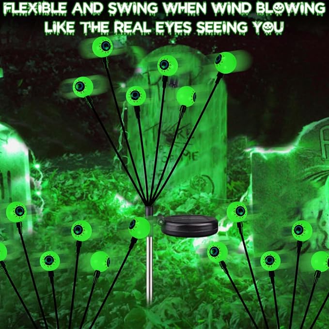 Solar Halloween Decorations Outdoor 2 Pack 12 LED Green Solar Eyeball Light | Newly 3-Tier Design, 2 Lighting Modes, Auto ON/OFF, IP65 Waterproof, Garden Lights for Walkway Yard Lawn Horror Party Decor