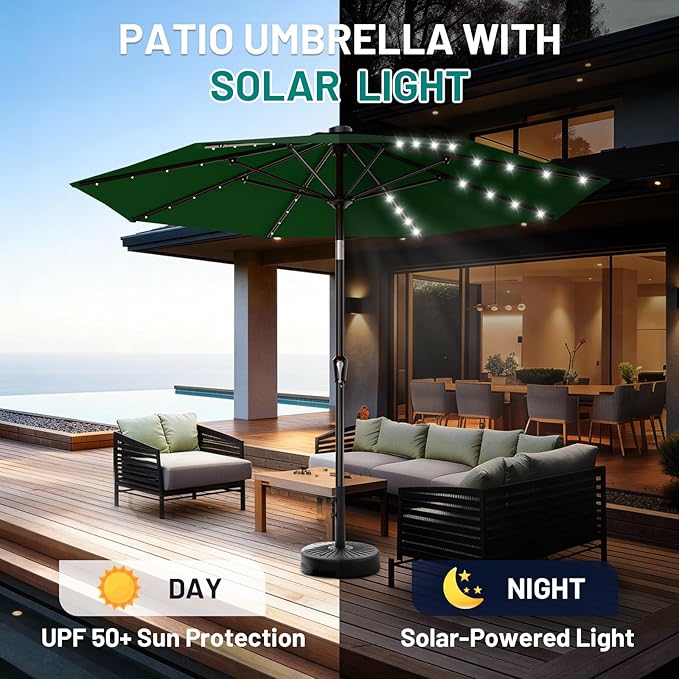 AreShark 9FT Patio Umbrella with Solar Lights, 32 Lighted Pool Umbrella w/Tilt and Crank, Outdoor Market Solar Umbrellas for Garden, Deck, Backyard, Pool and Beach, Dark Green