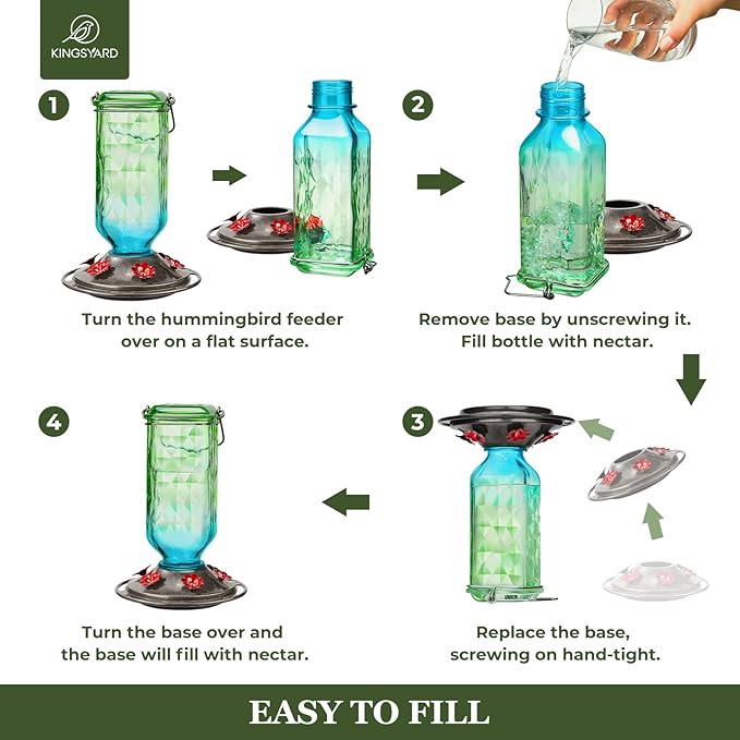 Kingsyard Glass Hummingbird Feeder for Outdoor Hanging, 24 Ounces, 6 Feeding Ports, Bird Nectar Feeder for Garden Décor, Ant Moat Included, Green & Blue