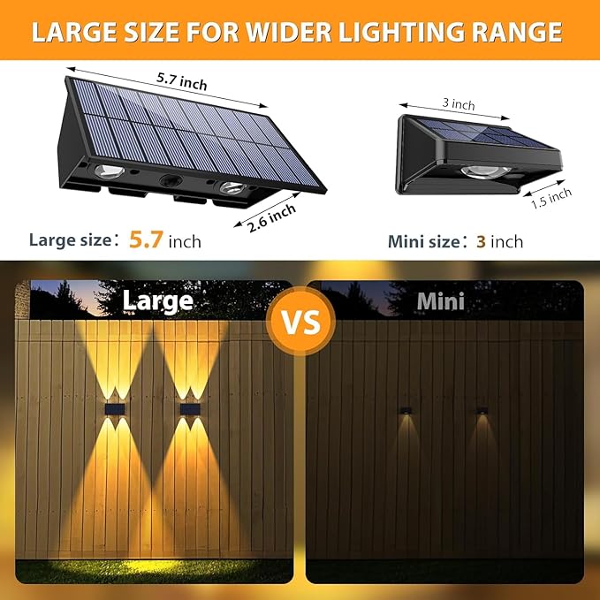 Solar Fence Lights Outdoor,6 Pack Solar Wall Lights Up and Down Waterproof Brighter LED Focus Lens Dusk to Dawn Fence Lights Solar Powered for Patio/Backyard/Porch/Railing/Step