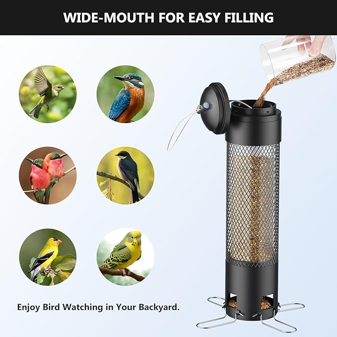 LCSEVEN Bird Feeders for Outdoors Squirrel Proof with Weight-Activated Perches, Hanging Bird Feeder for Outside, Metal Feeder for Wild Cardinal, Finch, Blue Jay, Chickadee, 3.6LB Seed Capacity, Black