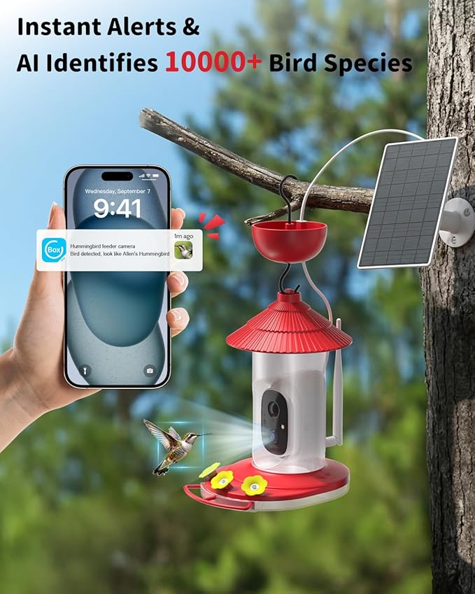 NAVFS Smart Hummingbird Feeder with Camera, 2K AI-Powered Outdoor Hummingbird Camera Feeder with Solar Panel, Auto Capture Videos & Motion Detection, Ideal Gift for Bird Watchers-Red
