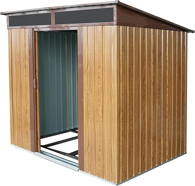 6FT x 5FT Outdoor Storage Shed, Heavy Duty Galvanized Steel Garden Shed with Sloped Roof, Sliding Lockable Doors, Punched Vents & Foundation Kit, Weather Resistant Tool Shed for Backyard, Coffee
